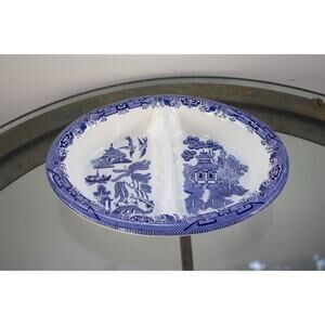 Churchill Blue Willow Oval Divided Serving Dish Staffordshire  England 10”